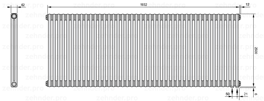 Схема (чертеж) Радиатор Zehnder Charleston 2250/42 №5510 Белый глянцевый RAL 9016